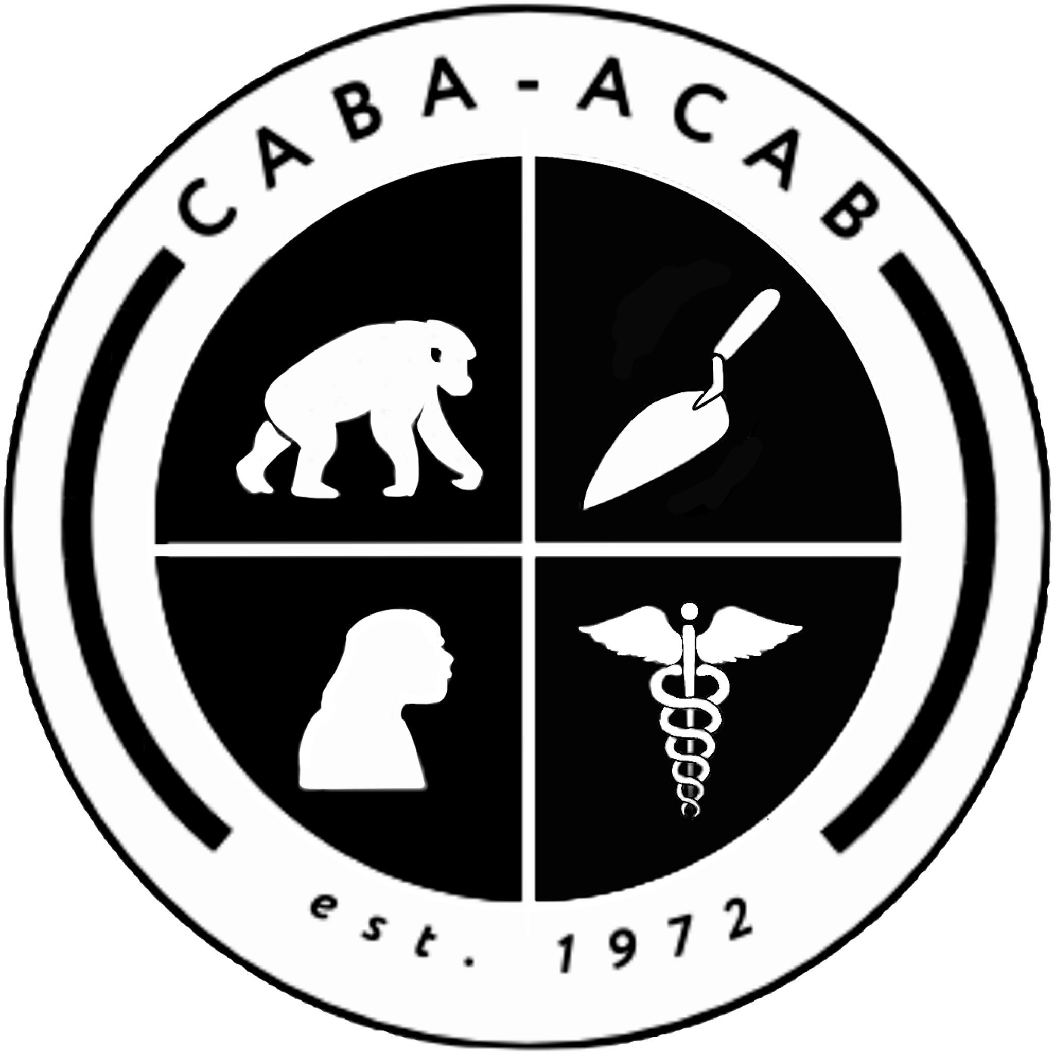 CABA-ACAB Logo featuring a primate, trowel, homo sapien and medical symbol.